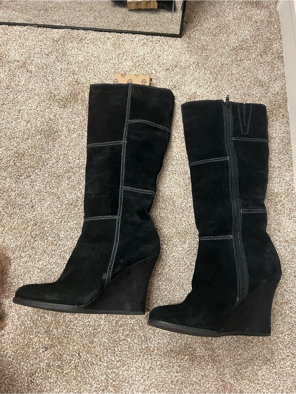 Genuine Stylish black suede knee boots with a comfortable wedge heel.
